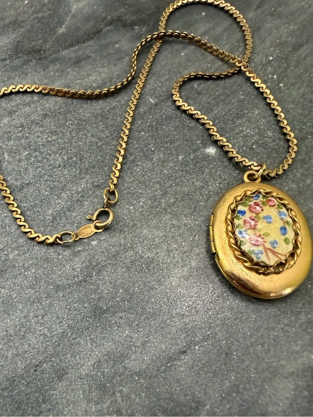 Vintage 14 Karat Gold Filled Floral Guilloche Enamel Locket Necklace